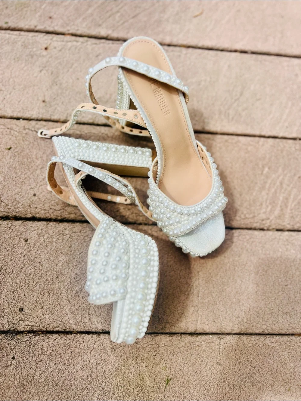 Steve Madden White Pearl-Embellished Platform Sandals
